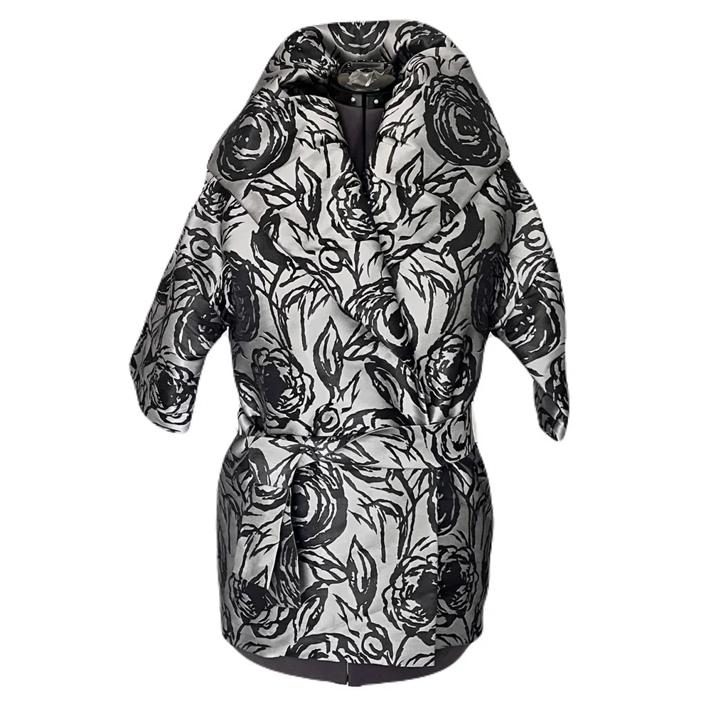 St. John Silver and Black Silk Blend Floral Wrap Belted Kimono Jacket, Size 6